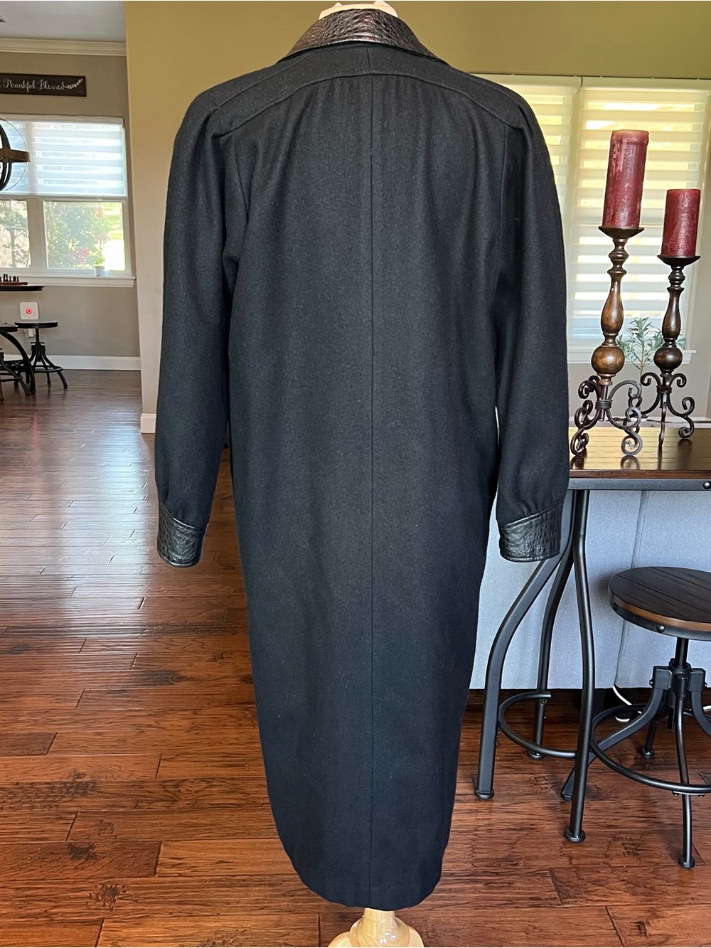 Vintage Havoc Black Wool Leather Trim Long Trench Coat USA Size 10 - Picture 6 of 15